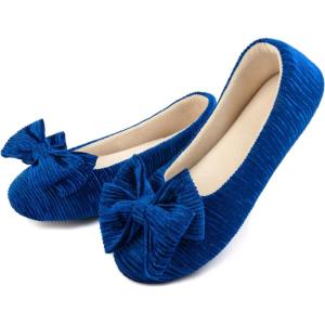 imageULTRAIDEAS Womens Velvet Ballerina Slippers Lightweight House Shoes with Bow and Indoor AntiSkid Soft Rubber SoleBlue
