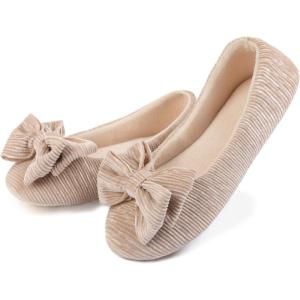 imageULTRAIDEAS Womens Velvet Ballerina Slippers Lightweight House Shoes with Bow and Indoor AntiSkid Soft Rubber SoleChampagne