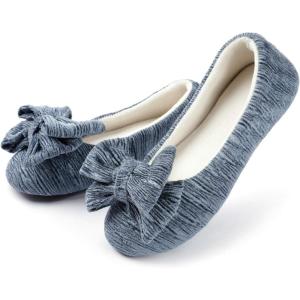 imageULTRAIDEAS Womens Velvet Ballerina Slippers Lightweight House Shoes with Bow and Indoor AntiSkid Soft Rubber SoleGrey