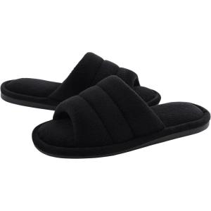 imageshevalues Terry Cloth Open Toe Slippers for Women Memory Foam Slip On House SlippersBlack