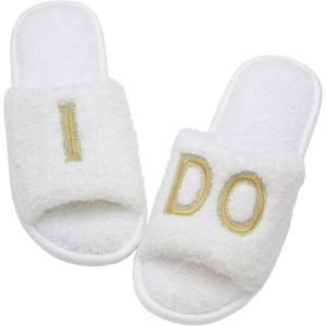imageshevalues Terry Cloth Open Toe Slippers for Women Memory Foam Slip On House SlippersBride I Do