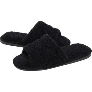 imageshevalues Terry Cloth Open Toe Slippers for Women Memory Foam Slip On House SlippersFuzzy Black