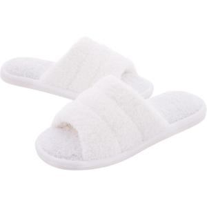 imageshevalues Terry Cloth Open Toe Slippers for Women Memory Foam Slip On House SlippersFuzzy White