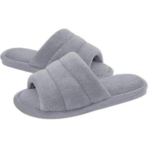 imageshevalues Terry Cloth Open Toe Slippers for Women Memory Foam Slip On House SlippersGrey
