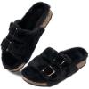 imageParlovable Womens Slippers Fluffy Open Toe Fur House Shoes Arch Support Adjustable Straps Cork Slide Sandals Fuzzy Bedroom Non Slip Rubber Sole BreathableBlack