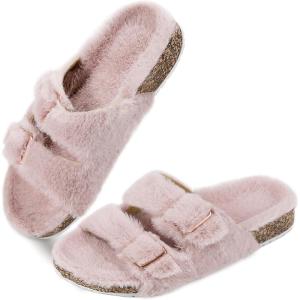 imageParlovable Womens Slippers Fluffy Open Toe Fur House Shoes Arch Support Adjustable Straps Cork Slide Sandals Fuzzy Bedroom Non Slip Rubber Sole BreathablePink