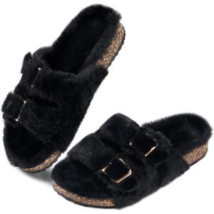 imageParlovable Womens Slippers Fluffy Open Toe Fur House Shoes Arch Support Adjustable Straps Cork Slide Sandals Fuzzy Bedroom Non Slip Rubber Sole BreathableBlack