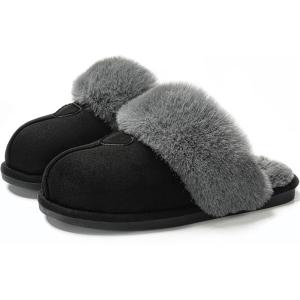 imageParlovable Womens Fuzzy Slippers Memory Foam Suede House Slippers Faux Fur Indoor Outdoor ShoesBlack