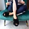 imageParlovable Womens Fuzzy Slippers Comfy Cross Band House Shoes Memory Foam Open Toe Indoor Gifts for LadiesBlack