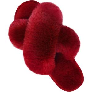 imageParlovable Womens Fuzzy Slippers Comfy Cross Band House Shoes Memory Foam Open Toe Indoor Gifts for LadiesBurgundy