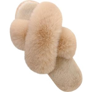 imageParlovable Womens Fuzzy Slippers Comfy Cross Band House Shoes Memory Foam Open Toe Indoor Gifts for LadiesCamel