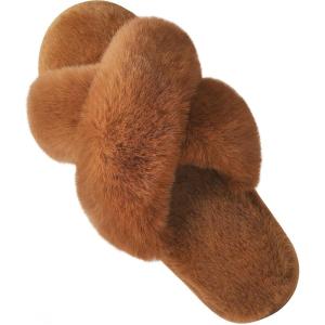 imageParlovable Womens Fuzzy Slippers Comfy Cross Band House Shoes Memory Foam Open Toe Indoor Gifts for LadiesCaramel