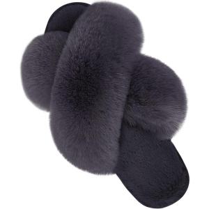 imageParlovable Womens Fuzzy Slippers Comfy Cross Band House Shoes Memory Foam Open Toe Indoor Gifts for LadiesDark Grey