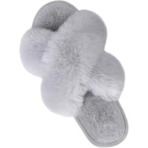 imageParlovable Womens Fuzzy Slippers Comfy Cross Band House Shoes Memory Foam Open Toe Indoor Gifts for LadiesGrey