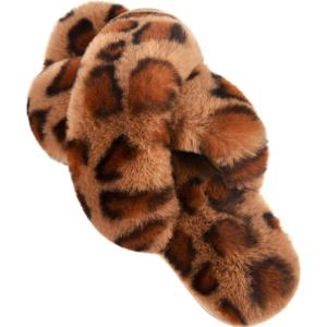 imageParlovable Womens Fuzzy Slippers Comfy Cross Band House Shoes Memory Foam Open Toe Indoor Gifts for LadiesLeopard