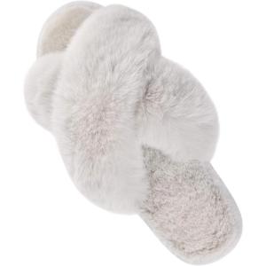 imageParlovable Womens Fuzzy Slippers Comfy Cross Band House Shoes Memory Foam Open Toe Indoor Gifts for LadiesLight Grey