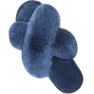 imageParlovable Womens Fuzzy Slippers Comfy Cross Band House Shoes Memory Foam Open Toe Indoor Gifts for LadiesNavy