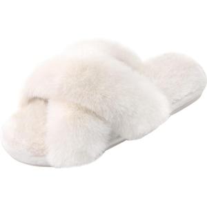 imageParlovable Womens Fuzzy Slippers Comfy Cross Band House Shoes Memory Foam Open Toe Indoor Gifts for LadiesOffwhite