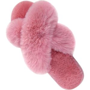 imageParlovable Womens Fuzzy Slippers Comfy Cross Band House Shoes Memory Foam Open Toe Indoor Gifts for LadiesPink