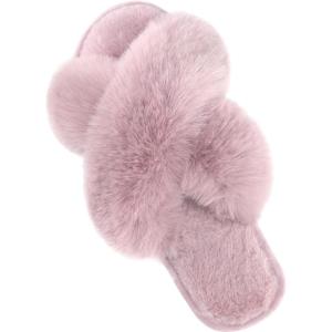 imageParlovable Womens Fuzzy Slippers Comfy Cross Band House Shoes Memory Foam Open Toe Indoor Gifts for LadiesPurple