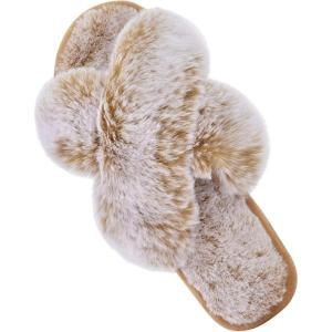 imageParlovable Womens Fuzzy Slippers Comfy Cross Band House Shoes Memory Foam Open Toe Indoor Gifts for LadiesTip Camel
