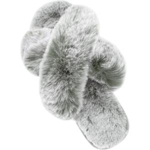 imageParlovable Womens Fuzzy Slippers Comfy Cross Band House Shoes Memory Foam Open Toe Indoor Gifts for LadiesTip Grey
