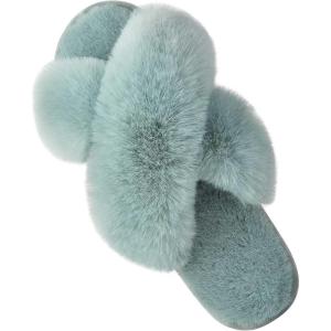 imageParlovable Womens Fuzzy Slippers Comfy Cross Band House Shoes Memory Foam Open Toe Indoor Gifts for LadiesTurquoise