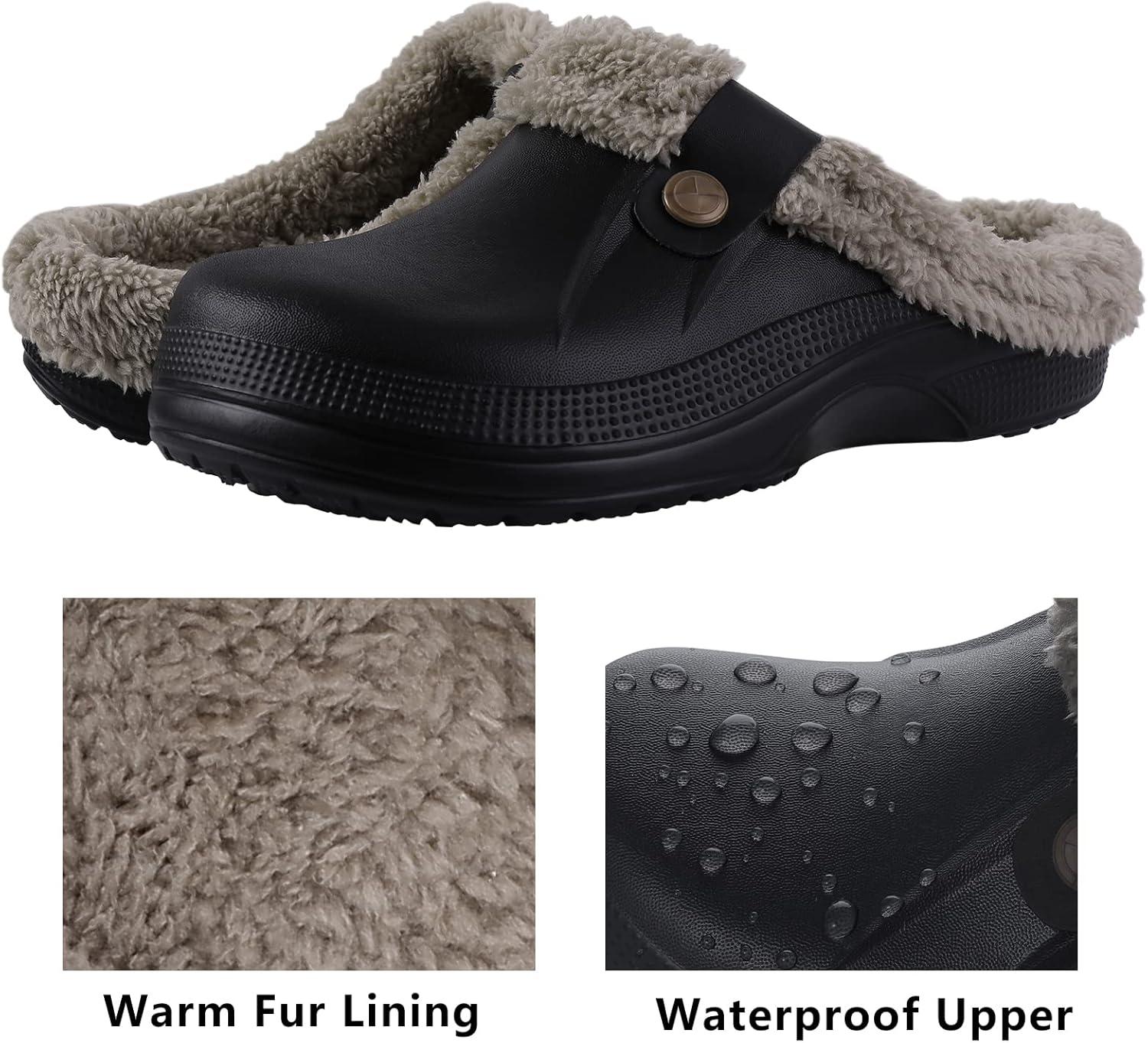 imageshevalues Fur Lined Clogs for Women Men Winter Waterproof Outdoor Slippers Garden Shoes