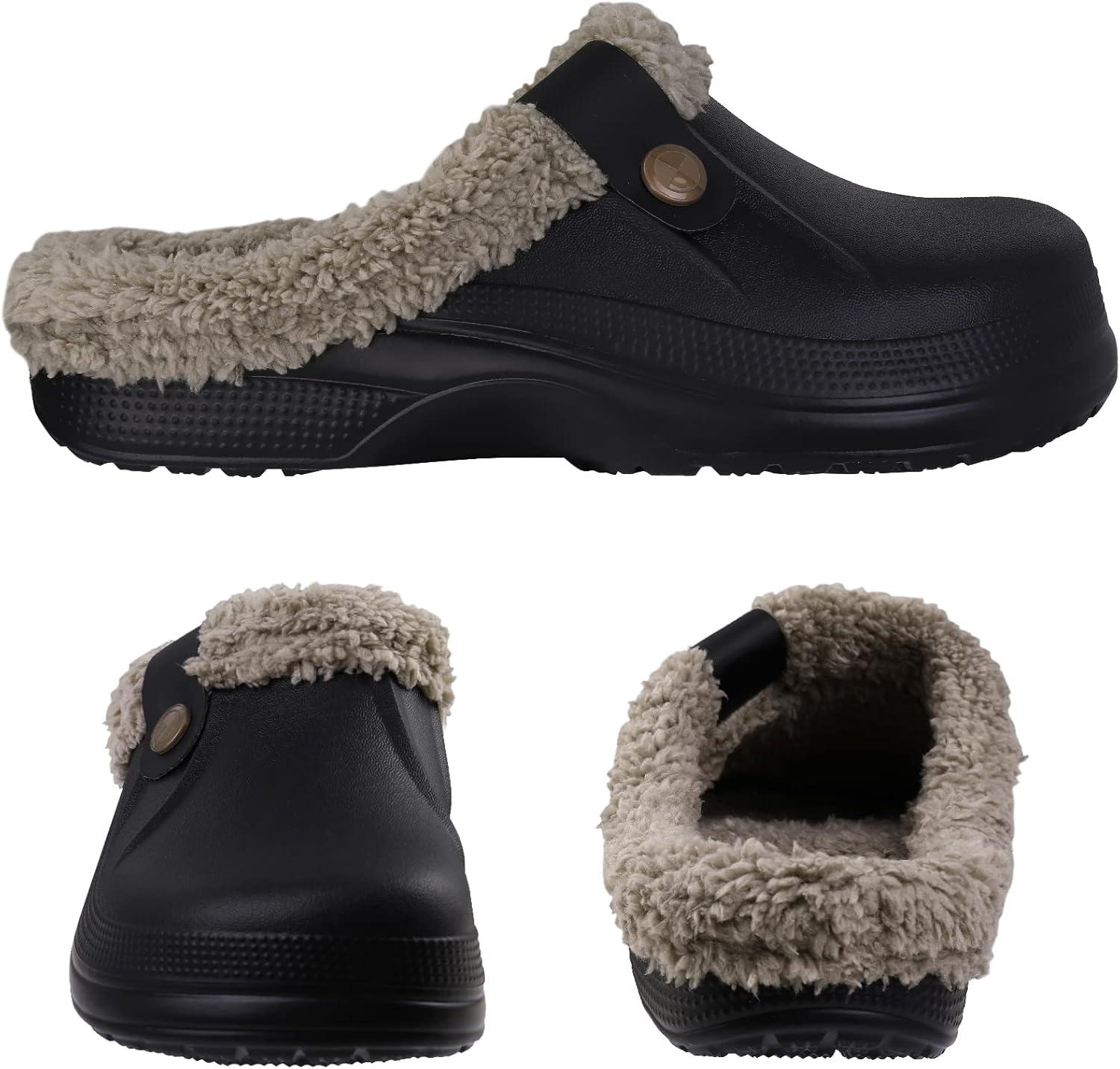 imageshevalues Fur Lined Clogs for Women Men Winter Waterproof Outdoor Slippers Garden Shoes