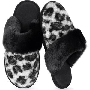 image:imageULTRAIDEAS Womens Leopard Print Fuzzy Slippers Warm Cozy House Slippers Memory Foam NonSlip Rubber Sole House Shoes Indoor Outdoor Plush Home Slippers for WomenBlack Leopard