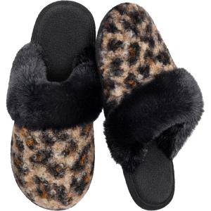 image:imageULTRAIDEAS Womens Leopard Print Fuzzy Slippers Warm Cozy House Slippers Memory Foam NonSlip Rubber Sole House Shoes Indoor Outdoor Plush Home Slippers for WomenBrown Leopard