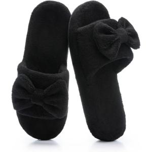 image:imageNineCiFun Cute Womens Bow Slippers with Memory Foam Cozy Soft OpenToe Slipper NonSlip for Indoor and Outdoor Plush Coral Fleece House ShoesBlack