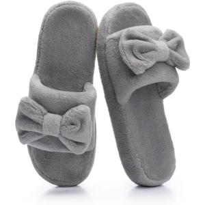image:imageNineCiFun Cute Womens Bow Slippers with Memory Foam Cozy Soft OpenToe Slipper NonSlip for Indoor and Outdoor Plush Coral Fleece House ShoesGrey
