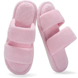 image:imageNineCiFun House Slippers for Women Double Band Open Toe Slides with Lightweight Breathable Memory Foam and Soft Coral Fleece NonSlip Indoor Home ShoesPink