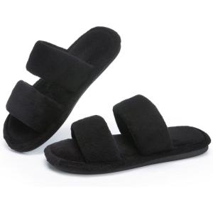 image:imageNineCiFun House Slippers for Women Double Band Open Toe Slides with Lightweight Breathable Memory Foam and Soft Coral Fleece NonSlip Indoor Home ShoesBlack