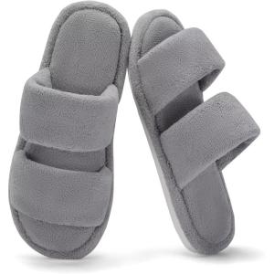 image:imageNineCiFun House Slippers for Women Double Band Open Toe Slides with Lightweight Breathable Memory Foam and Soft Coral Fleece NonSlip Indoor Home ShoesGrey