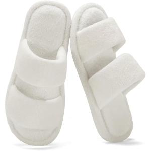 image:imageNineCiFun House Slippers for Women Double Band Open Toe Slides with Lightweight Breathable Memory Foam and Soft Coral Fleece NonSlip Indoor Home ShoesWhite
