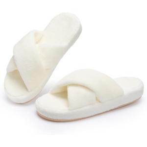 image:imageNineCiFun Womens Fuzzy Slippers with Memory Foam Cross Band Open Toe House Slippers  Cozy Plush Indoor Outdoor Slides NonSlip Comfort for Women Mom Her LadiesBeige