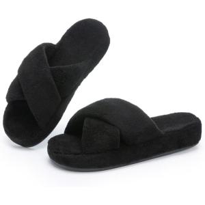 image:imageNineCiFun Womens Fuzzy Slippers with Memory Foam Cross Band Open Toe House Slippers  Cozy Plush Indoor Outdoor Slides NonSlip Comfort for Women Mom Her LadiesBlack