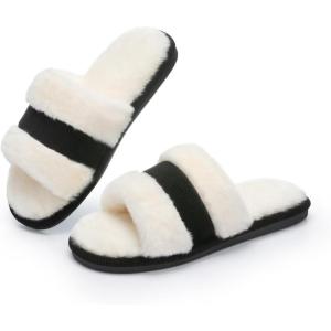image:imageNineCiFun Womens OpenToe Slippers with Memory Foam Soft Faux Fur SlipOn House Slides for Indoor Outdoor Comfort Cozy Fuzzy Bedroom Shoes for WomenBlack