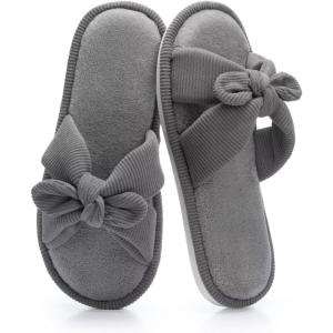 image:imageNineCiFun Womens Opentoe Bow Slippers Memory Foam Indoor House Slides Corduroy Crossband Home Shoes for SummerGrey