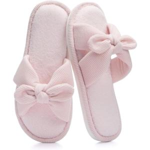 image:imageNineCiFun Womens Opentoe Bow Slippers Memory Foam Indoor House Slides Corduroy Crossband Home Shoes for SummerPink