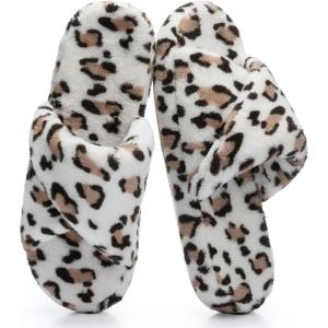image:imageNineCiFun Womens Slippers Open Toe Breathable House Slippers with Memory Foam FoldOver Home Shoes Comfy Trendy Gift Woman NonSlip SoleBrown White Leopard