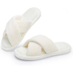 image:imageNineCiFun Womens Slippers Open Toe Cross Band Coral Fleece Breathable House Shoes with Memory Foam Cozy Footbed NonSlip Indoor SlidesCream White