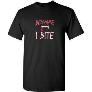 imageBeware I Bite Adult Humor Halloween Graphic Novelty Sarcastic Funny T ShirtBlack