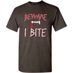 imageBeware I Bite Adult Humor Halloween Graphic Novelty Sarcastic Funny T ShirtBrown