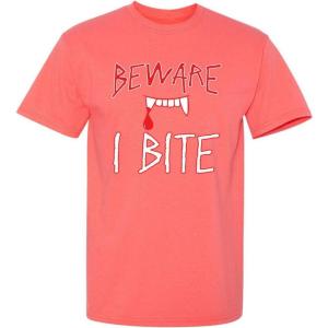imageBeware I Bite Adult Humor Halloween Graphic Novelty Sarcastic Funny T ShirtCoral
