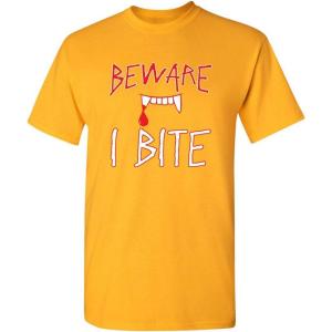 imageBeware I Bite Adult Humor Halloween Graphic Novelty Sarcastic Funny T ShirtGold
