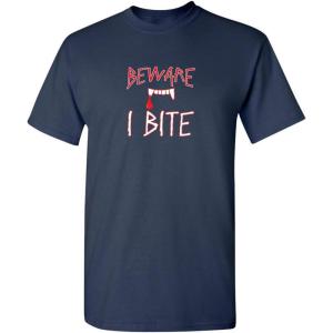 imageBeware I Bite Adult Humor Halloween Graphic Novelty Sarcastic Funny T ShirtNavy