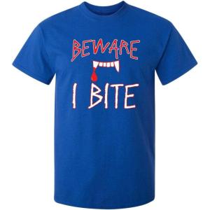 imageBeware I Bite Adult Humor Halloween Graphic Novelty Sarcastic Funny T ShirtRoyal